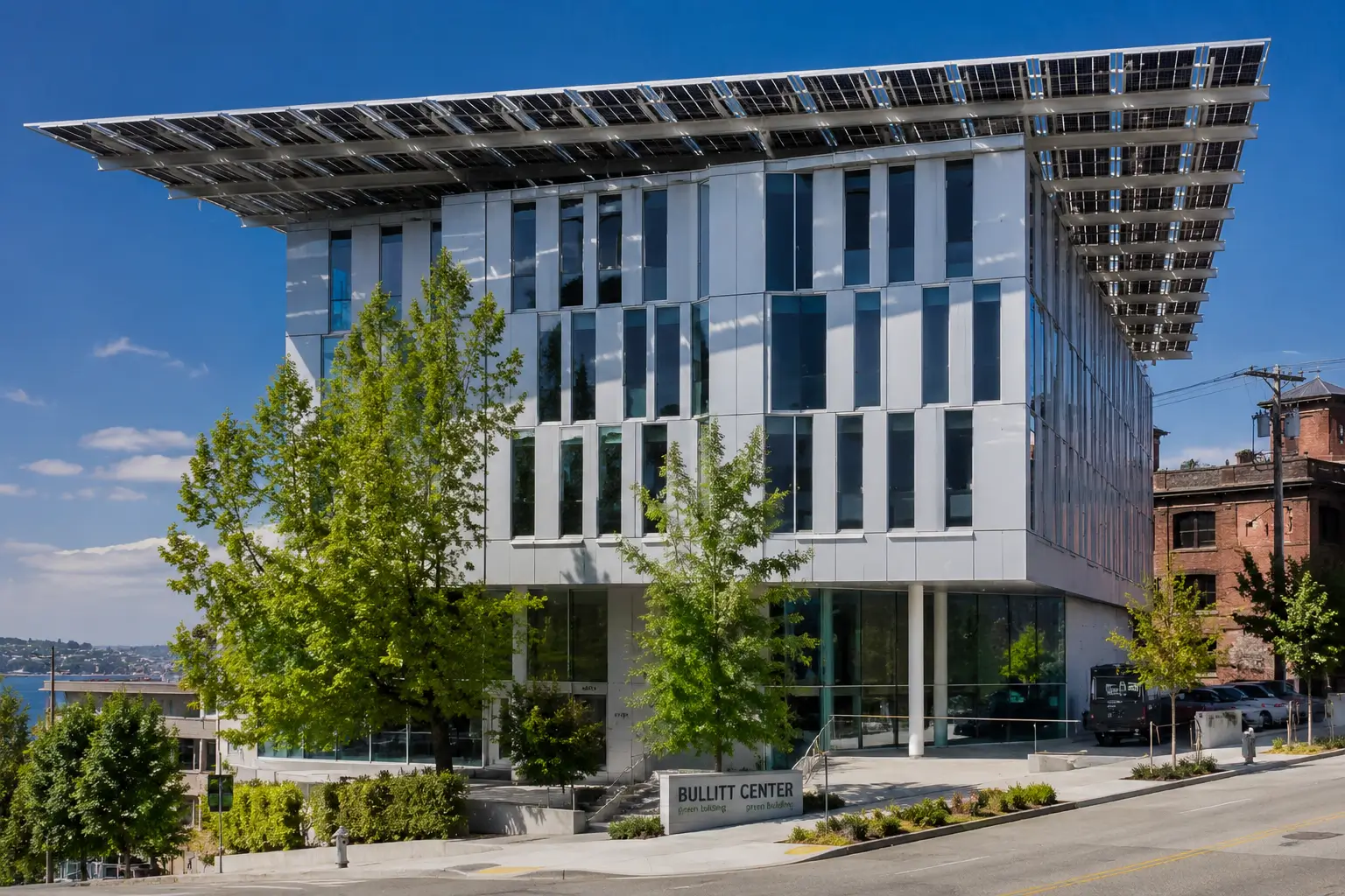 Contemporary commercial building with a solar canopy