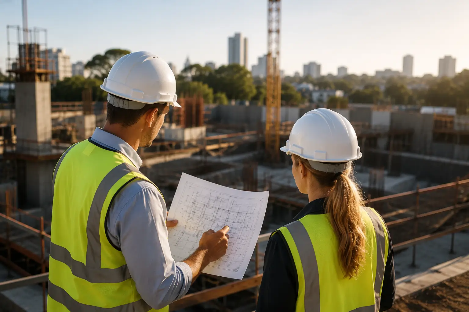 Engineers reviewing plans on a construction site