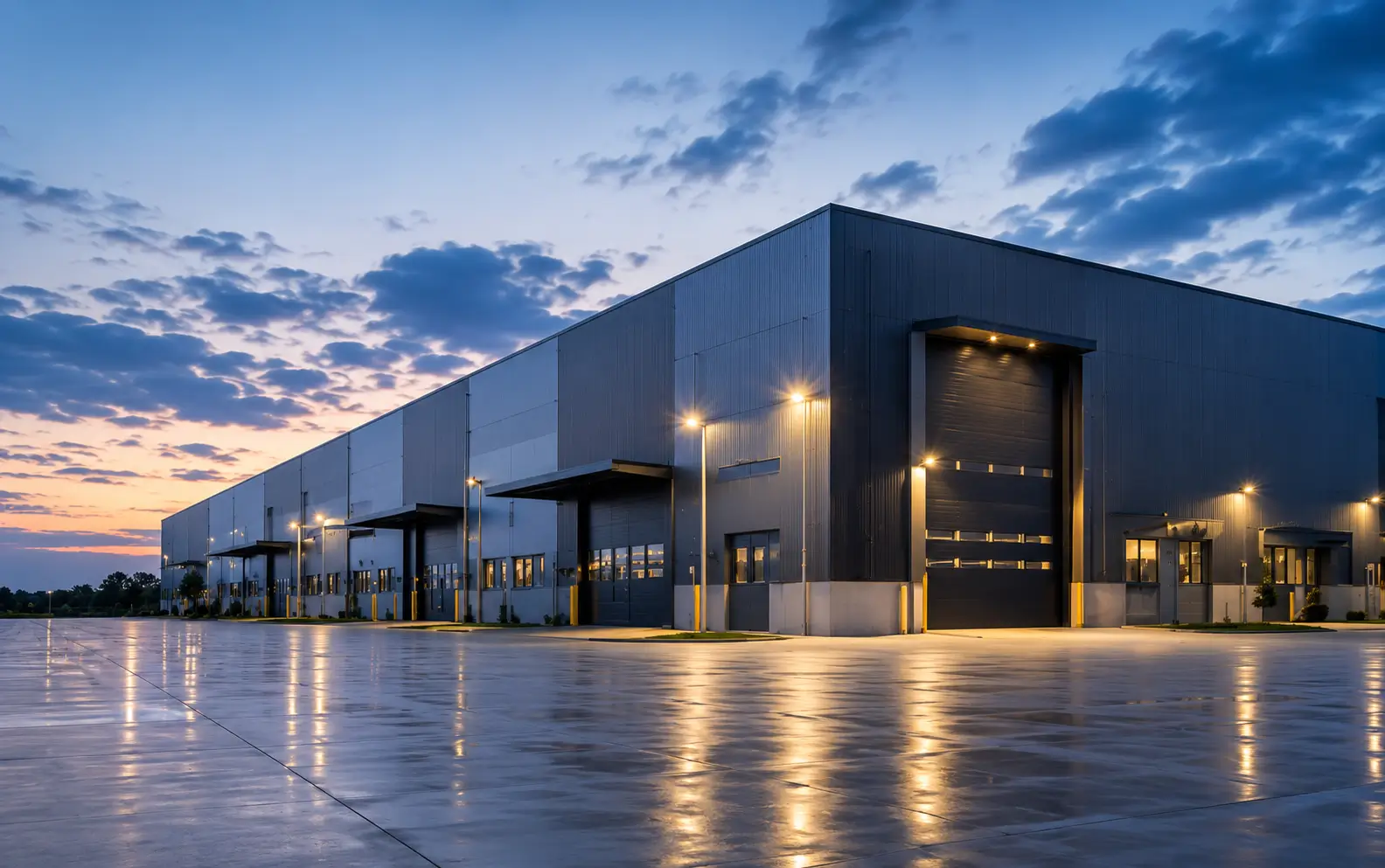 Industrial warehouse facility at dusk